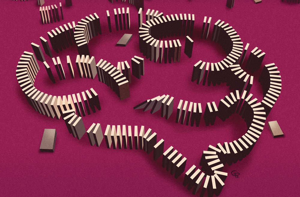 An illustration of white dominoes as seen from above, standing up in curved lines that form the shape that evokes the idea of a brain.
